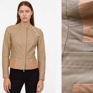 BCBGMaxAzria Gray Pink Leather Jacket Blazer Ruffle Moto Collarless Neutral XS